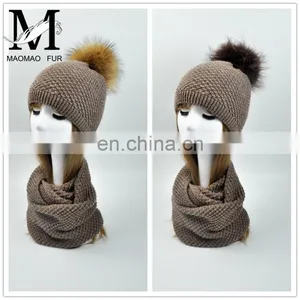 Wholesale Knitted Scarf Women Raccoon Fur Ball Winter Hat All in One Hat and Scarf thumbnail-6