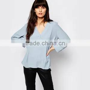 Blue Colour Lady Chiffon Blouse Sexy v Neck Tops for Women 2016 Wholeale thumbnail-1