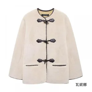 Belted Fur-effect Coat With Pocket Design for Fall and Winter, Featuring a Loose and Warm Fit. The Coat is Decorated With Knotted Embellishments. thumbnail-3