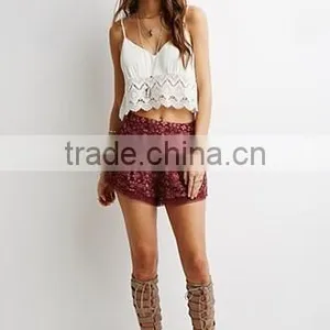 Cotton White Women High-Waisted Floral Lace Textured Shorts thumbnail-1