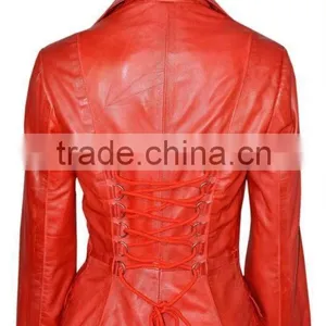 Ladies Edwardian Red Gothic Style Lace Back Soft Lambskin Real Leather Jackets thumbnail-3