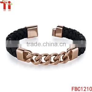 2016 Fashion Gold Plated Stainless Steel Clasp Bracelet Genuine Leather Bangle thumbnail-1