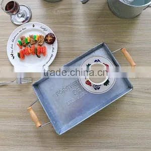 Wooden Handle Galvanized Metal Rectangular Serving Tray thumbnail-1