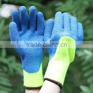 NMSAFETY 7g Hi-viz Yellow Nappy Acrylic Liner 3/4 Coated Crinkle Latex on Palm Winter Gloves thumbnail-1