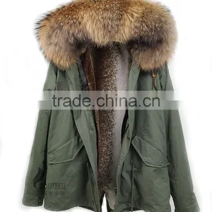 CX-G-P-10A Genuine Faux Fur Coat With Raccoon Fur Collar thumbnail-4