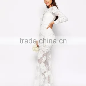 MGOO Lace 3D Floral Fishtail Maxi Dress Crew Neck Long Sleeves Embroidered Wedding Dress Bridal Grown thumbnail-2