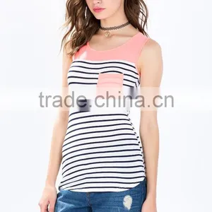 Hot Selling Sleeveless Strips Kinited Pocket Front Clip Back Lady Blouse thumbnail-5