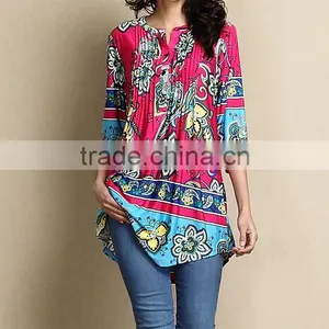 Hot Selling Women Outwear With Fuchsia Floral Notch Neck Pin Tuck Tunic Women Tops Women Clothing GD90426-30 thumbnail-1