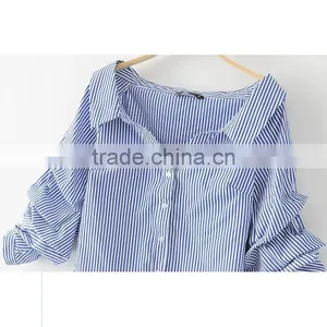 Wholesale Womens 100% Cotton Long Sleeve Strip Oxford Blouse thumbnail-3