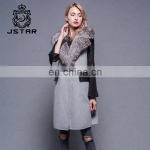 Cashmere Long Vest Women Autumn Sleeveless Fleece Trench Coat With Big Fur Collar thumbnail-4
