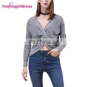 Custom Private Label Ladies Crop Top Long Sleeve Women Knitted Sweater thumbnail-1