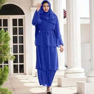 Women Muslim Chiffon Abaya Modest Open Front Cardigan Dress With Hijab Middle East Arabian Robe Islamic Dubai Outfit thumbnail-1