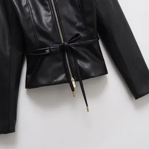 European and American Personalized Women's Clothing Spring New Style Short Skirt Hem Imitation Leather Jacket Jacket Versatile thumbnail-2
