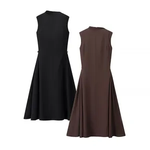 Summer New Women's Clothing European and American Sweet and Fresh Pure Color Sleeveless Elegant High Waisted Round Neck Dress thumbnail-1