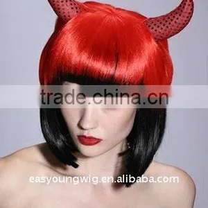 Cheap Synthetic Red Color Party Witch Hair Wig, Devil Wigs With Horns thumbnail-1