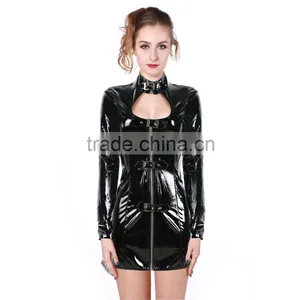 PUNK Short Black Women Leather Spanking Skirt With Long Sleeves thumbnail-1