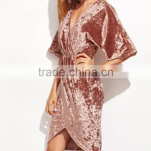 Womens Half Sleeve Crushed Velvet Wrap Dress Ladies V Neck Tunic Irregularity Velvet Knee Length Dress thumbnail-4