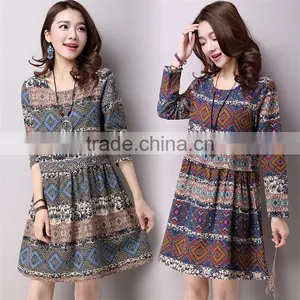 2017 New Design Large Size Fashion Ladies Retro National Wind Style Ladies Dress Cotton Printed Dress thumbnail-1