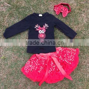Full Stock Reindeer Long Sleeve Christmas Top X-mas Design Red Sequin Dress Girls Party Dress With Matching Accessory Set thumbnail-1