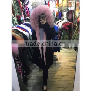 2017 FASHION Women Winter Wear Light Pink Fur Long Black Jacket Raccoon Fur Collar Mrs Furs Parka thumbnail-6