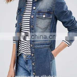 Stretch Denim Fabric Women Blue Long Jean Jacket Wholesale thumbnail-4
