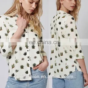 Latest Fashion Blouse Design Long Sleeve Printed Cactus Women Model Simple Design Blouse thumbnail-1