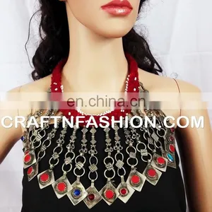 Vintage Beaded Kuchi Tribal Coin Necklace - Vintage Afghani Ethnic Boho Gypsy Statement Necklace-Afghani Kuchi Tribal Coin Set thumbnail-1