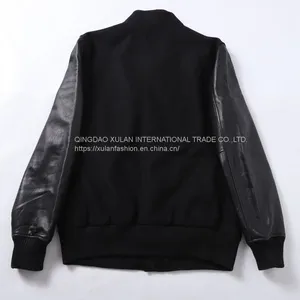 HOT SALE 2021 NEW FASHION MEN'S WOOL/POLYESTER MELTON BASEBALL GENUINE LEATHER JACKET thumbnail-4