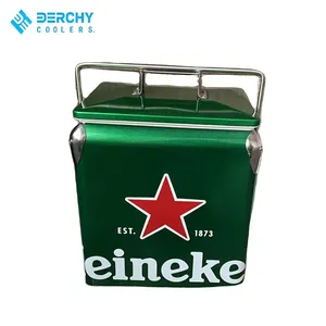 Derchy Retro Stainless Steel Metal Cooler Box 13L Insulated Ice Chest Portable Cooler for Camping Picnic Beach thumbnail-1