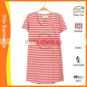 Women Fashion Basic Pinky Yarn Dye Cotton Long Tshirt Pajama Sleepwear Homewear Dress thumbnail-1