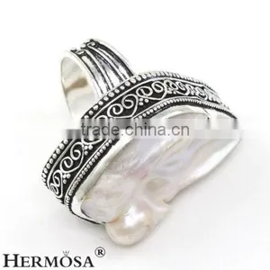Freedom Shape Genuine Natural Origin White Biwa Pearl 925 Sterling Silver Rings thumbnail-2