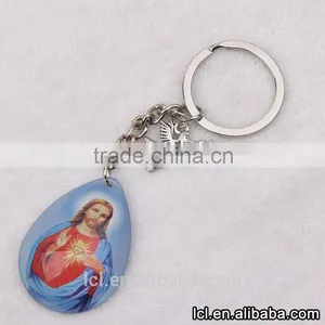 2016 New Design Key Chain Ring Custom Key Holder Blue Clearly Color Glass Sacred Heart Key Chain Split Key Ring Clip Wholesale thumbnail-1