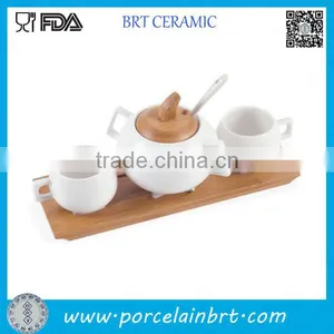 Set of 3 Ceramic Coffee Set With Bamboo Stand thumbnail-1