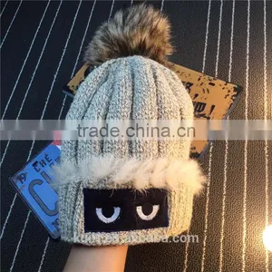 Brand Design Winter Knit Thicken Hat Monster With Faux Fur Poms With Super Quality thumbnail-2