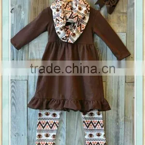 Thanksgiving Outfits Kids Tunic Top and Turkey Printed Leggings Sets 3pcs Boutique Girl Clothing Fall thumbnail-1