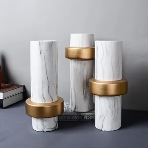 Marbling White And Gold Rings Ceramic Flower Vase, Office Hotel Showroom Tea Table Decoration thumbnail-2