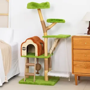 Natural Wood Cat Tree With Sisal Scratching Posts and Hanging Swing for Pet Comfort thumbnail-4