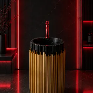 OEM ODM High End Design Modern Marble Stone Sink Golden Stainless Steel Base Freestanding Pedestal Wash Basin for Villa Bathroom thumbnail-1