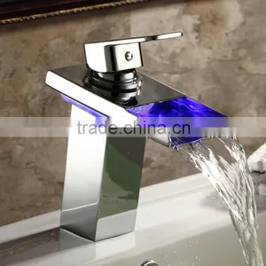Contemporary Solid Brass Single Handle Led Widespread Waterfall Bathroom Sink Faucet Chrome Finish Single Hole One Handle Widesp thumbnail-6