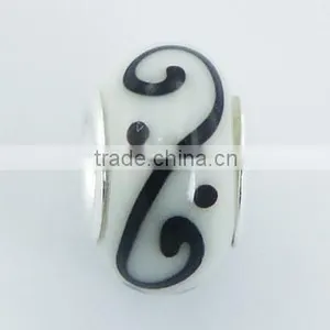 Handmade Murano Glass Bead Delicate Black Twirls On White thumbnail-1