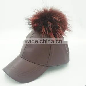 Big Genuine Raccoon Fur Ball PU Leather Baseball Caps New 5 Panel Outdoor Waterpoof Sport Hats thumbnail-3