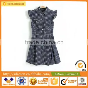 Lapel Ruffle Sleeve Polka Dot Denim Skirt Dress Cotton Wholesale Printed Apparel For Women thumbnail-2