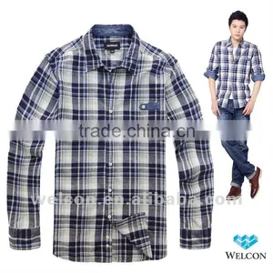 Long Sleeve Latest Brand Design European Style Slim Fit Casual Plaids Fancy Fashion Cotton Linen Denim Shirt for Men thumbnail-1