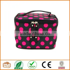 Double Layer Cosmetic Bag Black With Pink Dot Travel Toiletry Cosmetic Makeup Bag Organizer With Mirror thumbnail-1