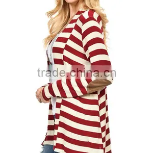OEM Latest Designs Multi-color Women Fashion Stripe Elbow-Patch Open Front Cardigan Sweaters thumbnail-3