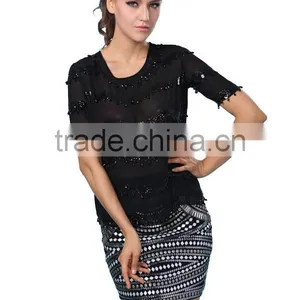 New Design Fashion Short Sleeve Embellished Chiffon Top thumbnail-2