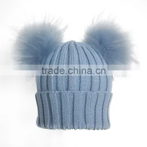 Myfur Baby Blue Wool Crochet Knitted Hats With Double Removable Raccoon Fur Balls thumbnail-1