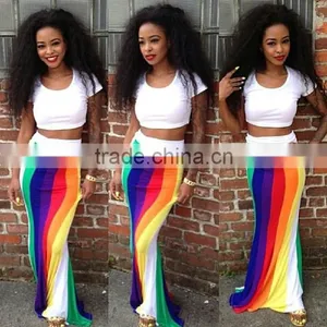Walson F20466A New European Fashion Shirt Stripe Maxi Skirt Two Pcs Dresses for Women Ladies New Suit Design African Dresses thumbnail-1