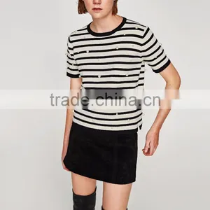 Guangzhou Shandao Garment OEM Service New Design Beaded Style 160g 100% Cotton Short Sleeve O-Neck Striped Women's T Shirts thumbnail-2