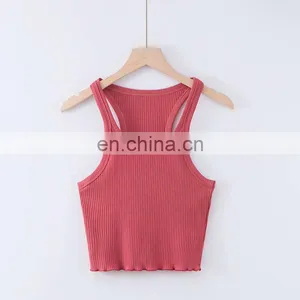 Wholesale Ladies Blank Rib Merrow Edge Sexy Women's Summer U Neck Basic Cotton Crop Top thumbnail-6